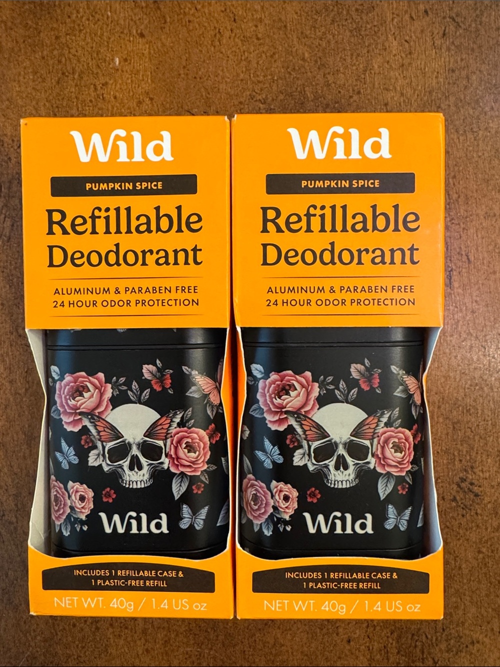 Wild Pumpkin Spice Refillable Deodorant - Black Skull Floral Case Set of 2